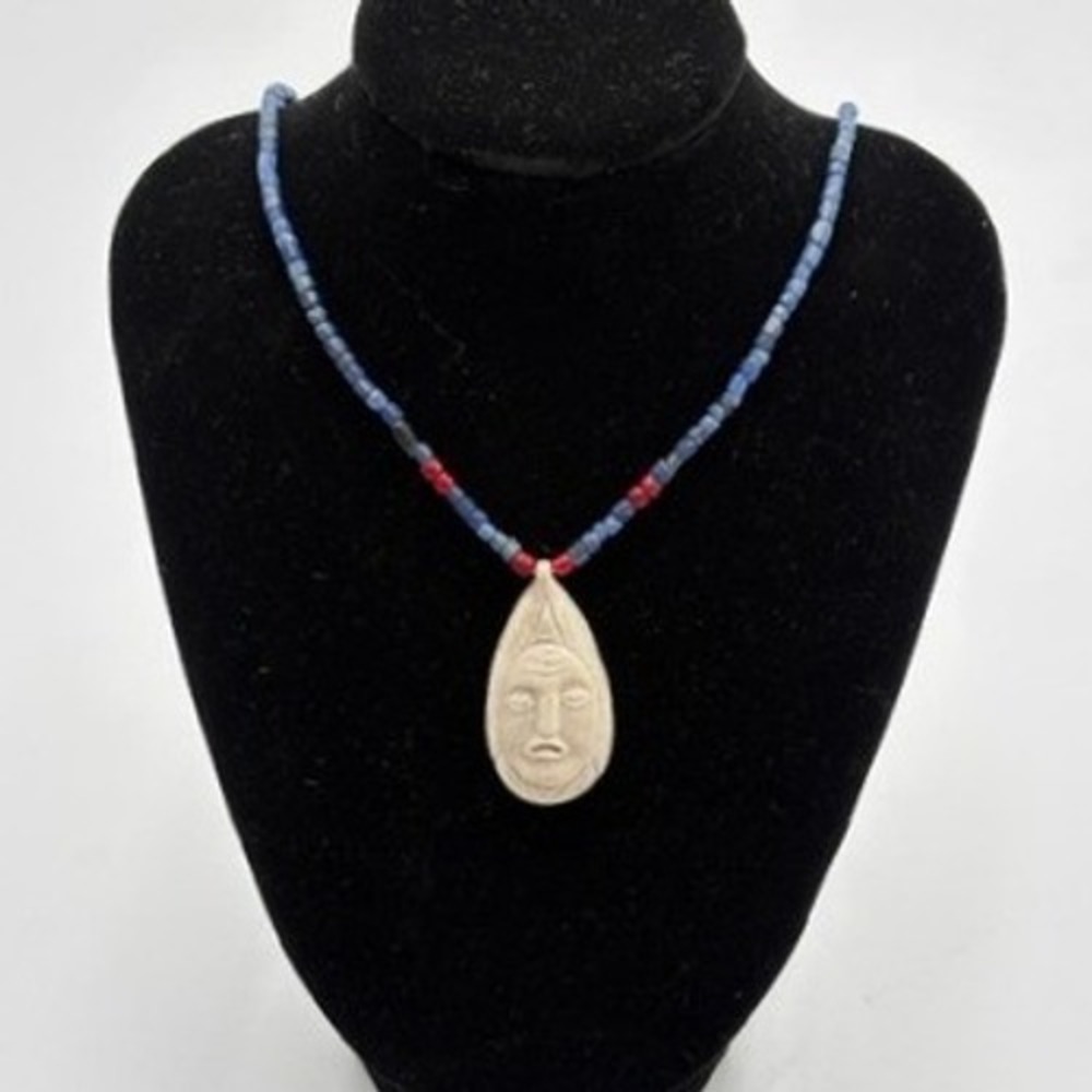 Antique Eskimo Necklace 15" Blue Red White Heart Beads Carved Face Pendant